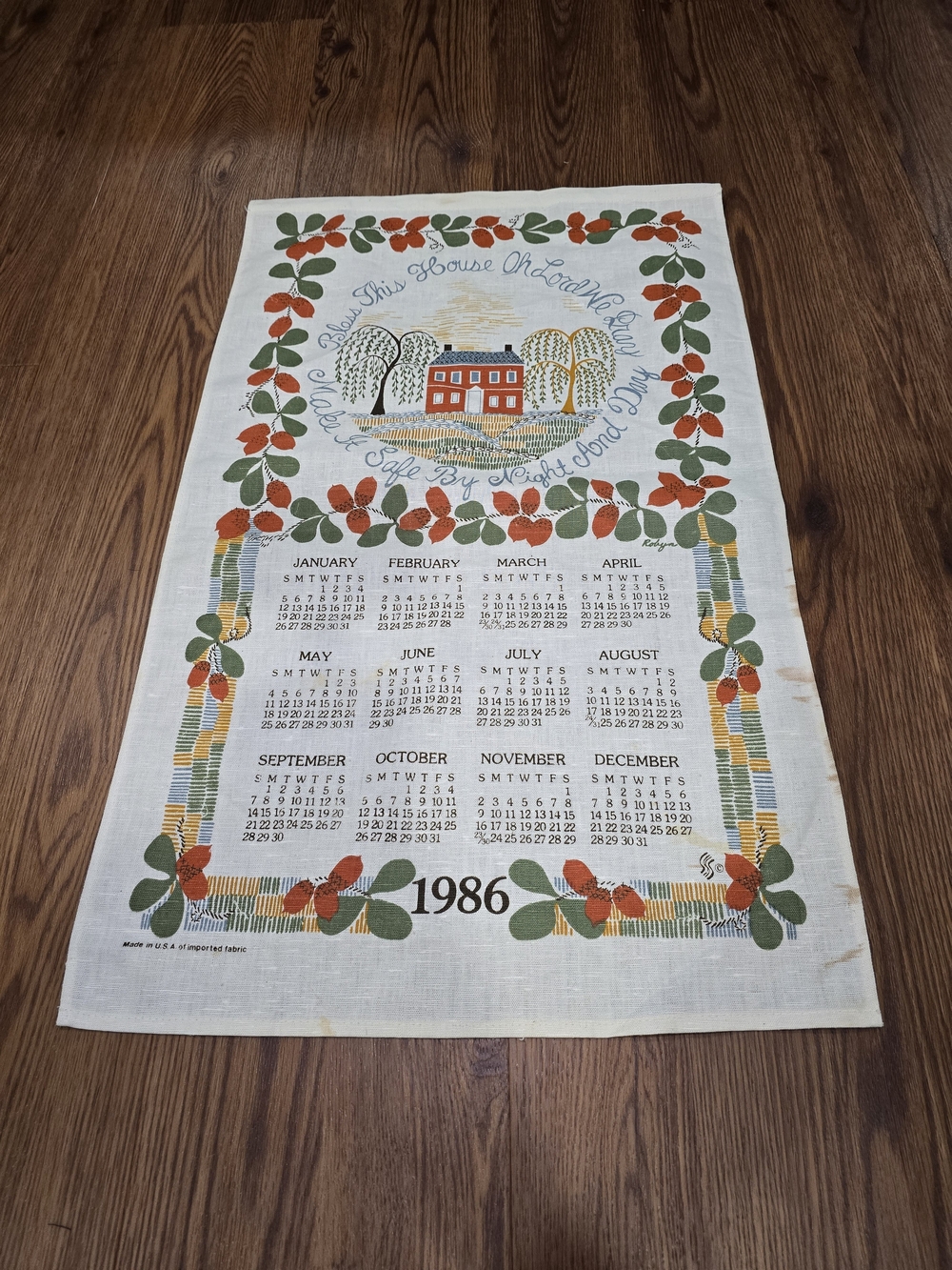 Vintage Floral Calendar Linen Tea Towel - Orange & Green